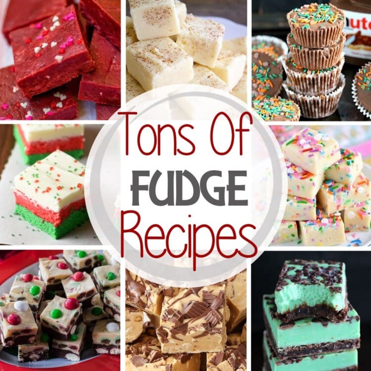 A square collage with eight photos of fudge and a white circle in the center reading tons of fudge recipes