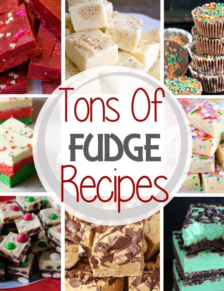 A square collage with eight photos of fudge and a white circle in the center reading tons of fudge recipes