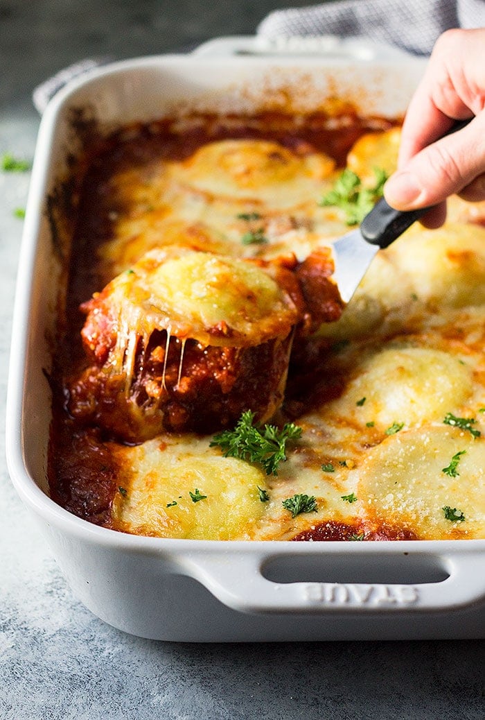 This Three Cheese Ravioli Lasagna is an easy recipe that is hearty, comforting, and filled with cheese!