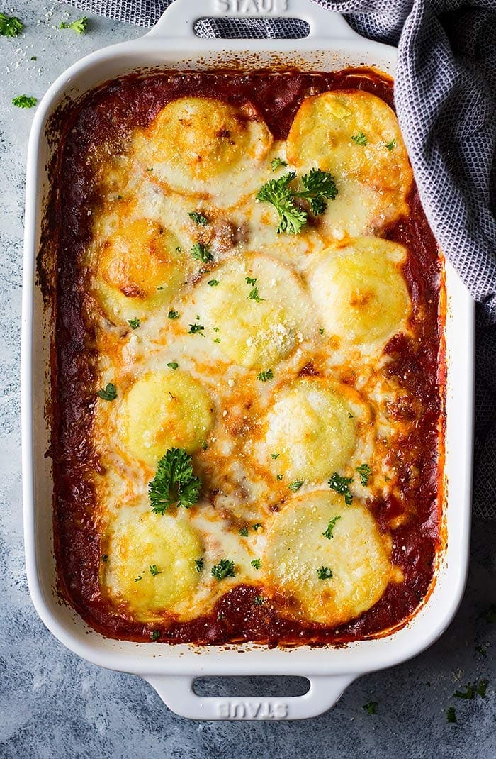 This Three Cheese Ravioli Lasagna is and easy recipe that is hearty, comforting, and filled with cheese!