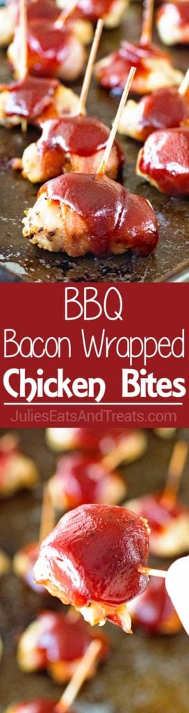 Collage with top image of bbq bacon chicken bites with toothpicks in them on a metal sheet pan, middle red banner with white text reading bbq bacon wrapped chicken bites, and bottom image of a bbq bacon chicken bite on a toothpick being held by a hand