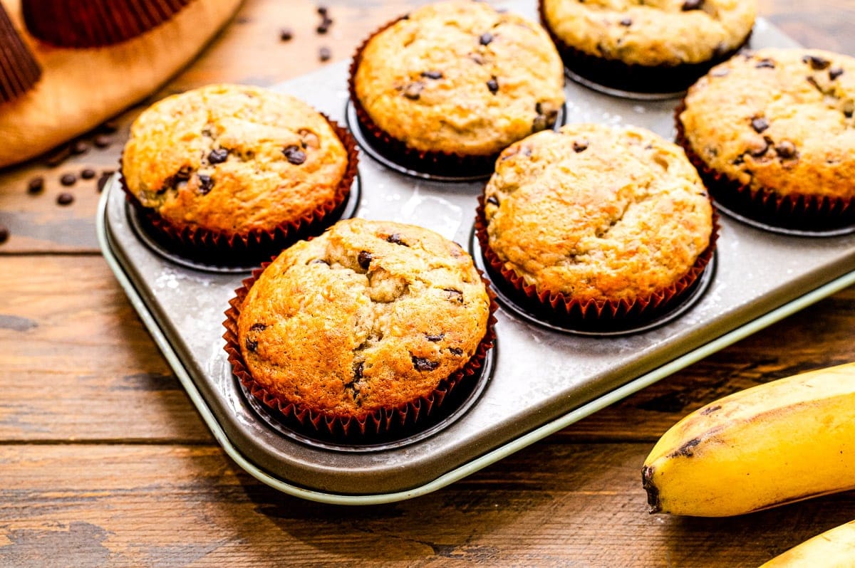 Banana Chocolate Chip Muffins baked in muffin tin