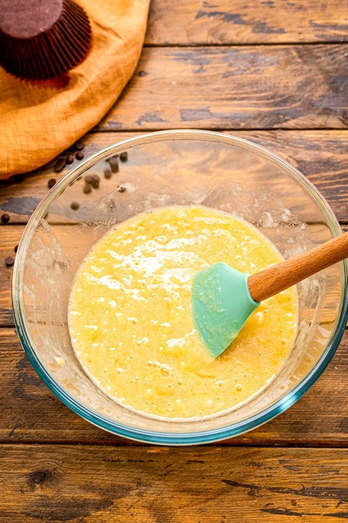 Banana Chocolate Chip Muffins batter mixed in glass bowls