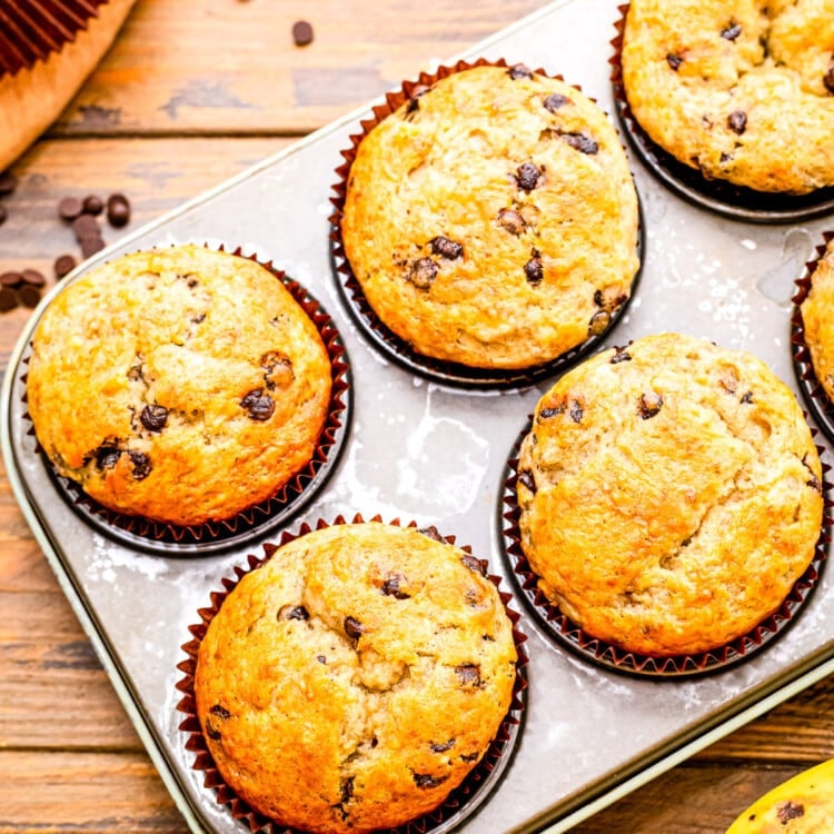 Banana Chocolate Chip Muffins in muffin tin