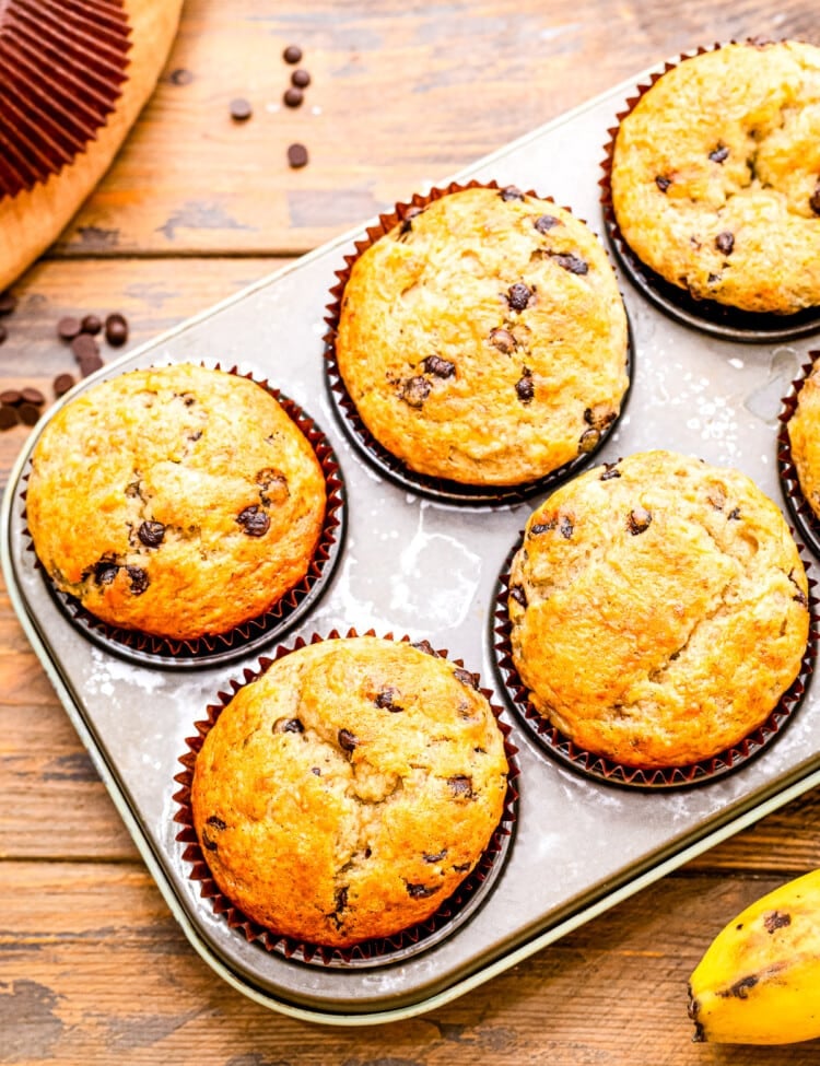 Banana Chocolate Chip Muffins in muffin tin