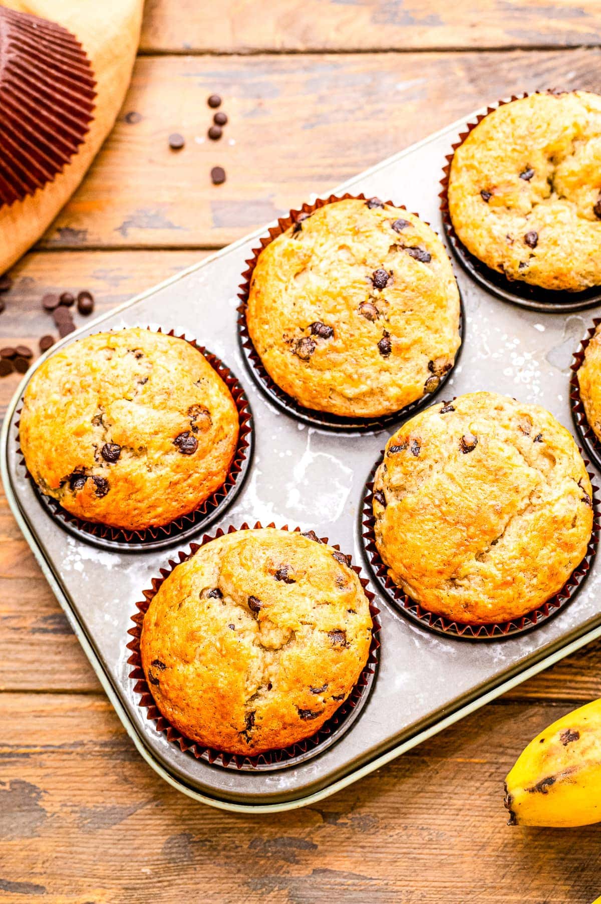 Banana Chocolate Chip Muffins in muffin tin