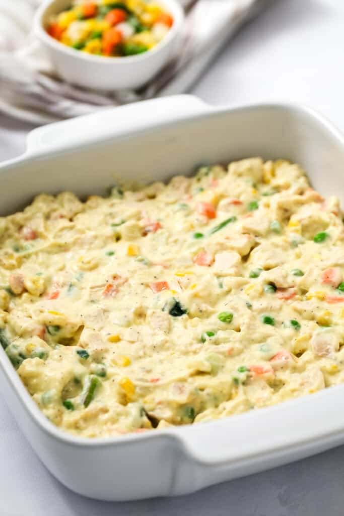 Casserole dish with creamy vegetable mixture