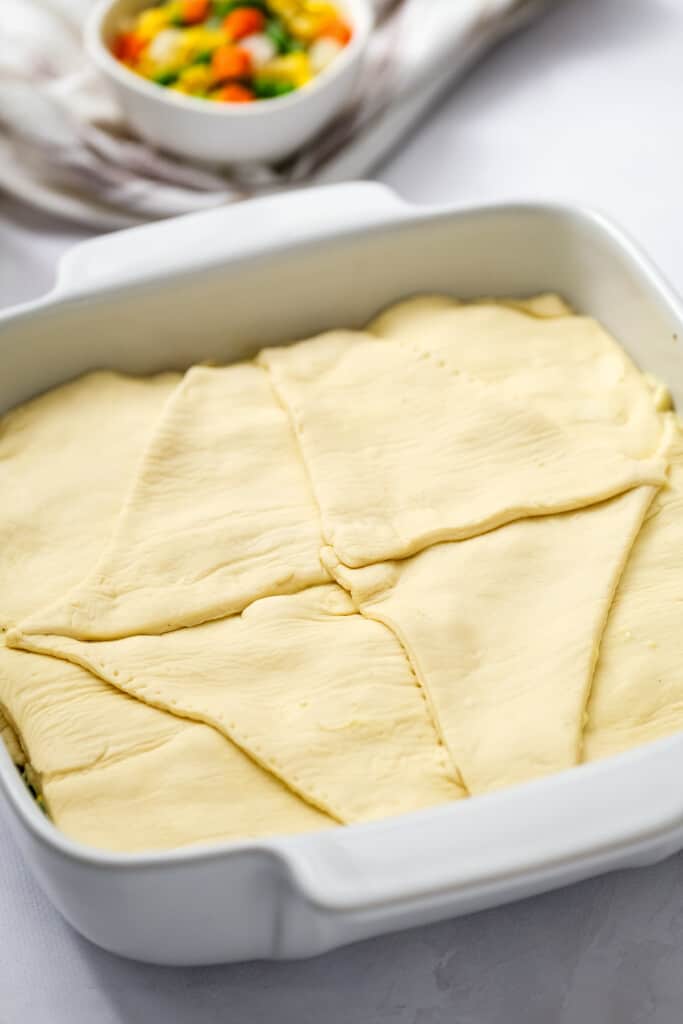 Chicken Pot Pie Casserole in baking dish before baking