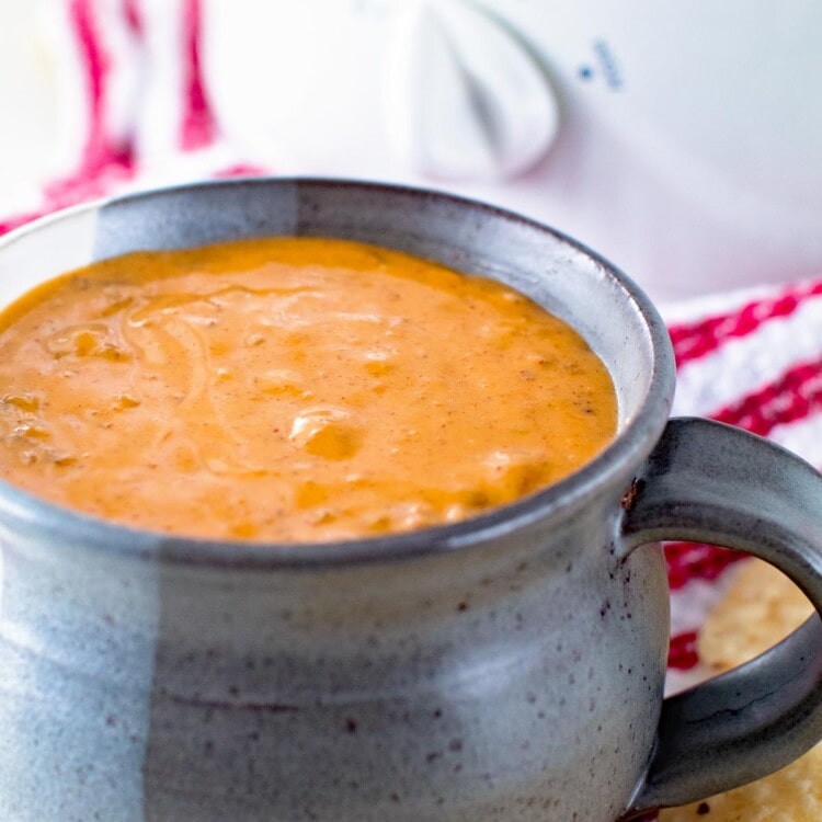 A large gray mug of easy two ingredient chili cheese dip next to a white slow cooker and some corn chips