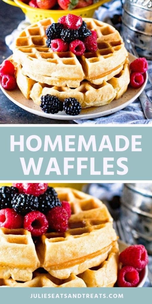 Collage with top image of two waffles on a plate with berries, middle blue banner with white text reading homemade waffles, and bottom image close up of a stack of waffles with berries on top