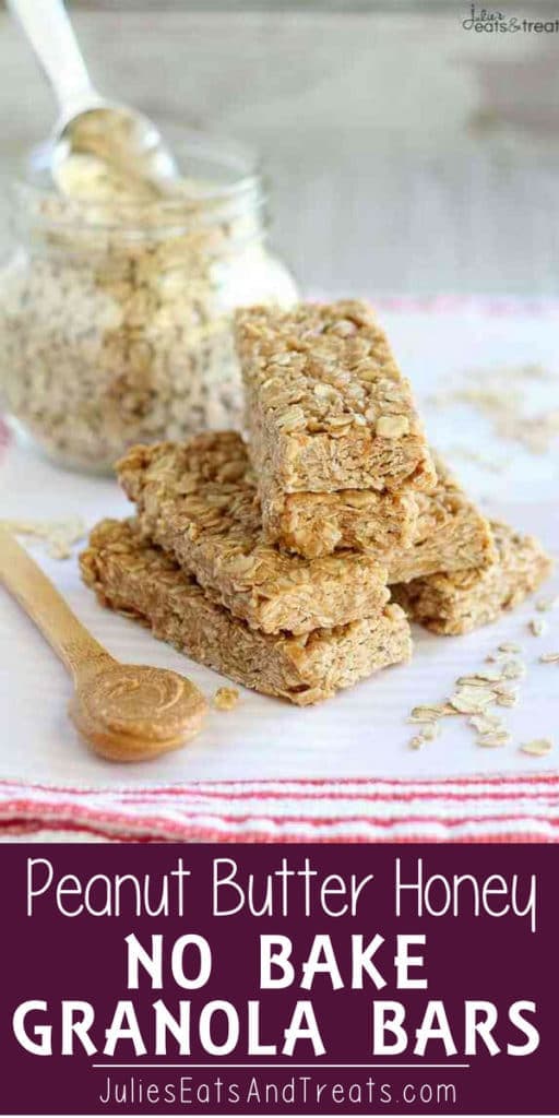 Peanut butter honey no bake granola bars stacked on the counter