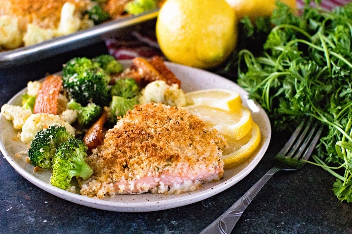 Sheet Pan Lemon Parmesan Crusted Salmon and Vegetables ~ Quick and Easy Dinner Made on a Sheet Pan! Salmon Topped with a Lemon Parmesan Crust and Paired with Roasted Vegetables!