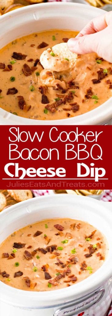 Collage with top image of a hand dipping a chip into a crock pot of cheese dip, middle red banner with white text reading slow cooker bacon bbq cheese dip, and bottom image of a white crock pot of dip topped with bacon