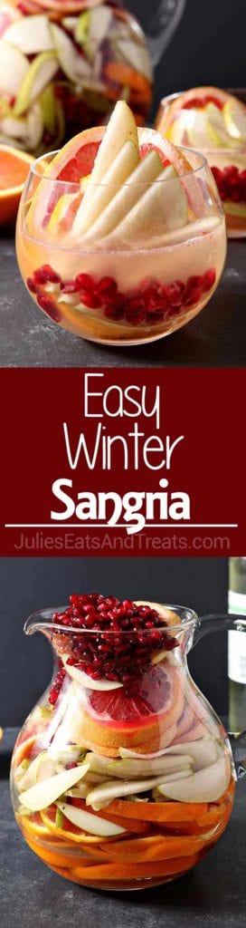 Collage with top image of a glass of sangria with pomegranate and other fruits in it, middle red banner with white text reading easy winter sangria, and bottom image of a glass pitcher of winter sangria and fruit