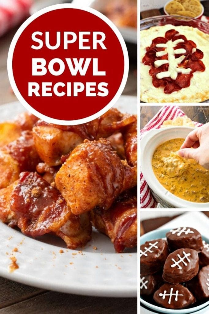 Four images of appetizers with a red circle reading super bowl recipes