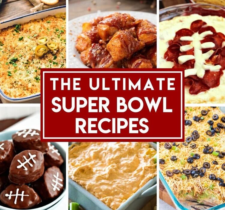 Images of football shaped scotcharoos, cheese dip, taco dip, chicken buffalo dip, and more with a red rectangle in the center reading The ultimate super bowl recipes