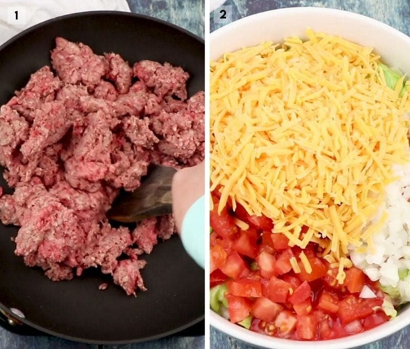 Collage of two images frying ground beef and bowl of ingredients for salad