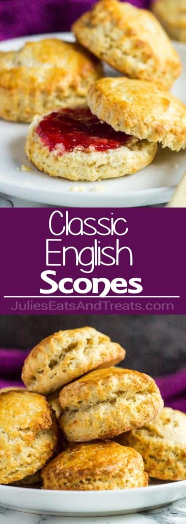 Collage with top image of three scones on a white tray the front one cut in half and smeared with jam, middle purple banner with white text reading classic English scones, and bottom image a stack of scones on a white plate