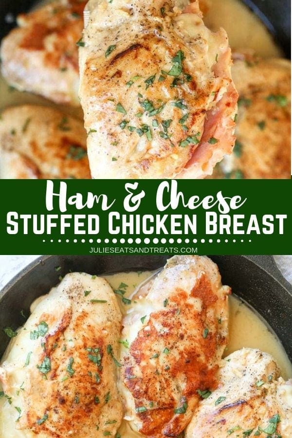 Collage with top image of a ham and cheese stuffed chicken breast being lifted out of a pan, middle banner with text reading ham and cheese stuffed chicken breast, and bottom image of chicken breasts in a skillet pan