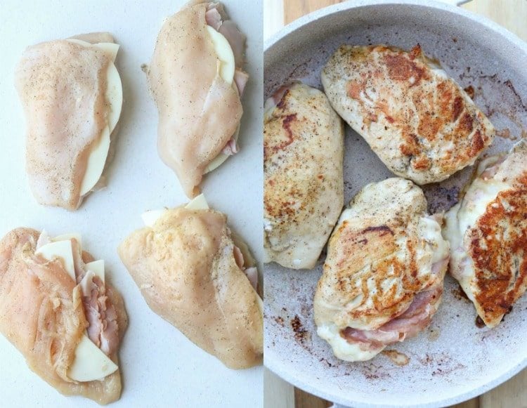 Two image collage showing raw stuffed chicken breasts and then chicken in a skillet being sauted 