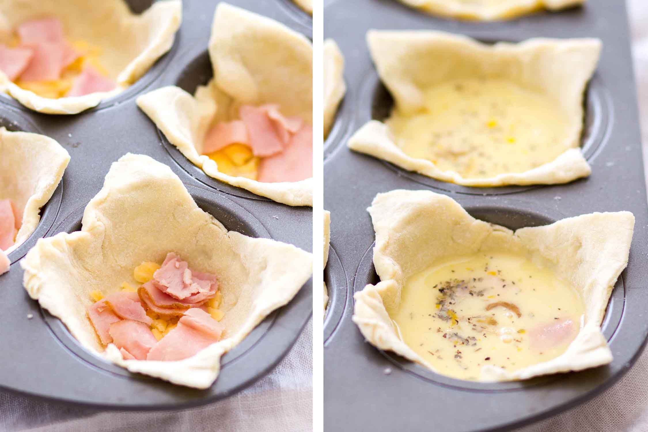 Two photos, on the left uncooked pastry in a muffin tin with ham and cheese in them and on the right uncooked pastry in a muffin tin filled with egg