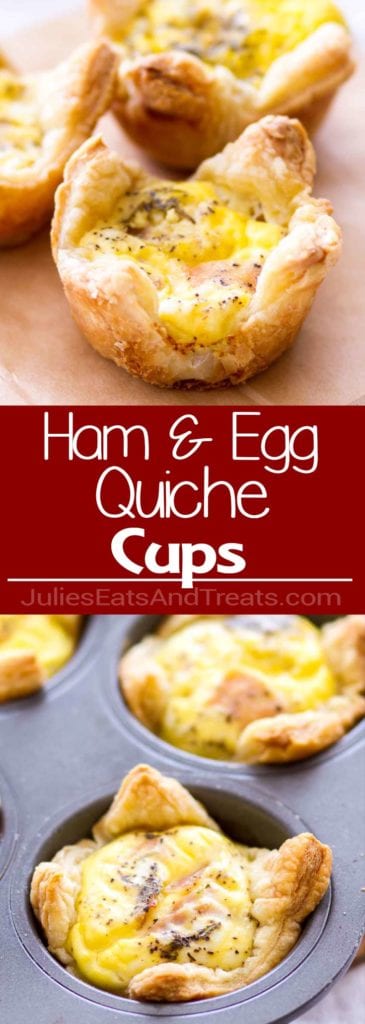 Collage with top image of three quiche cups on brown paper, middle red banner with white text reading ham and egg quiche cups, and bottom image of quiche cups in a muffin tin