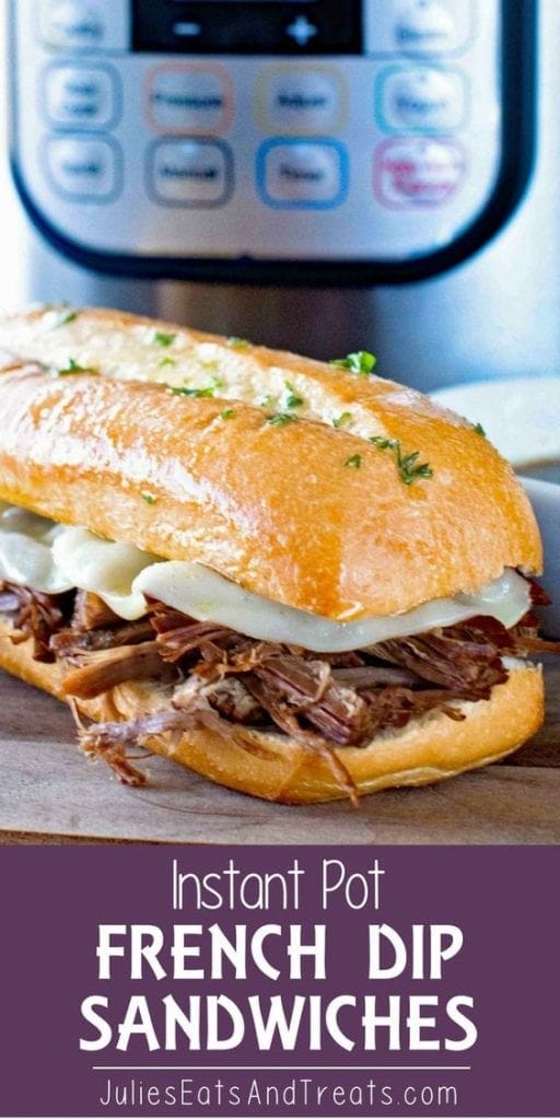 French dip sandwich in front of an instant pot