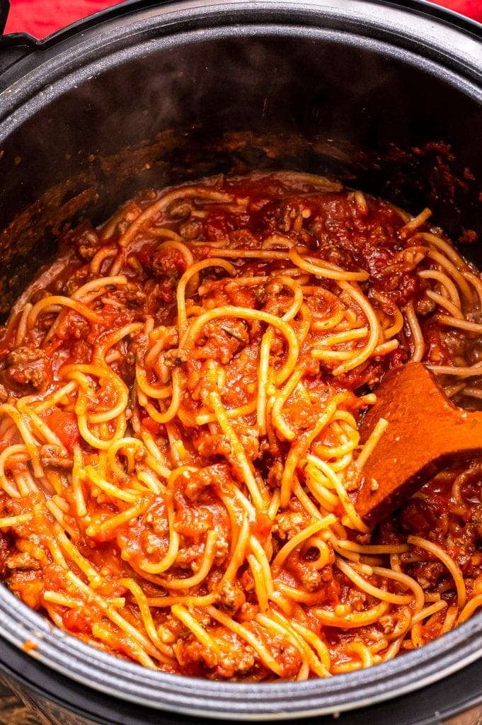 Instant Pot with spaghetti in it.