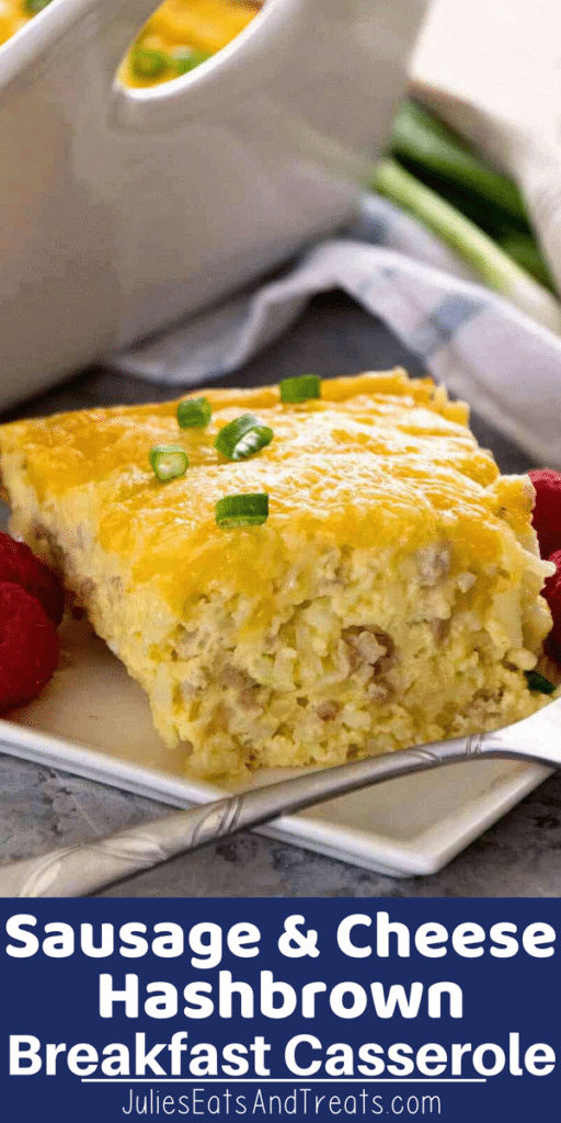 sausage and cheese hashbrown breakfast casserole slice on a white plate