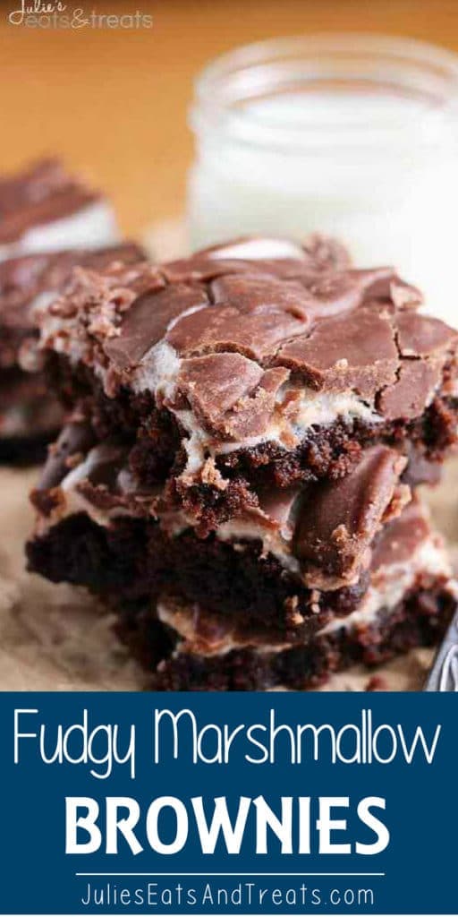 Stack of fudgy marshmallow brownies with milk in the background