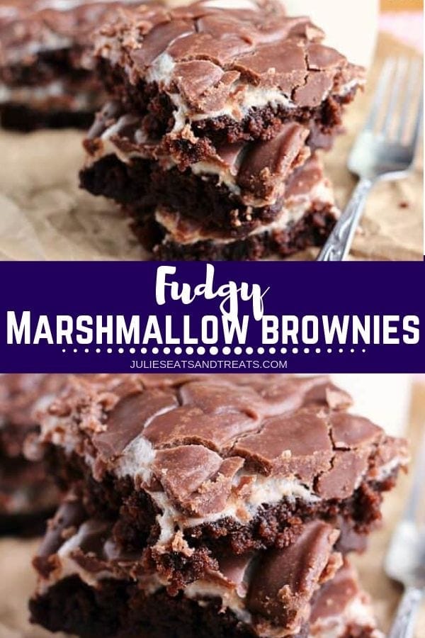 Collage with top image of three brownies stacked on a table, middle banner with text reading fudgy marshmallow brownies, and bottom image close up of fudgy brownies