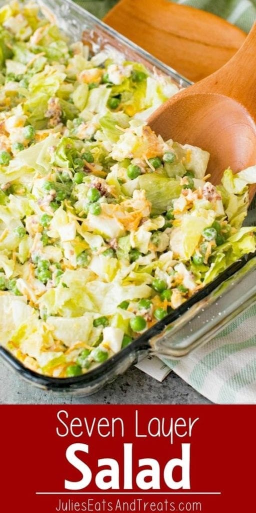 Seven layer salad in a glass baking dish