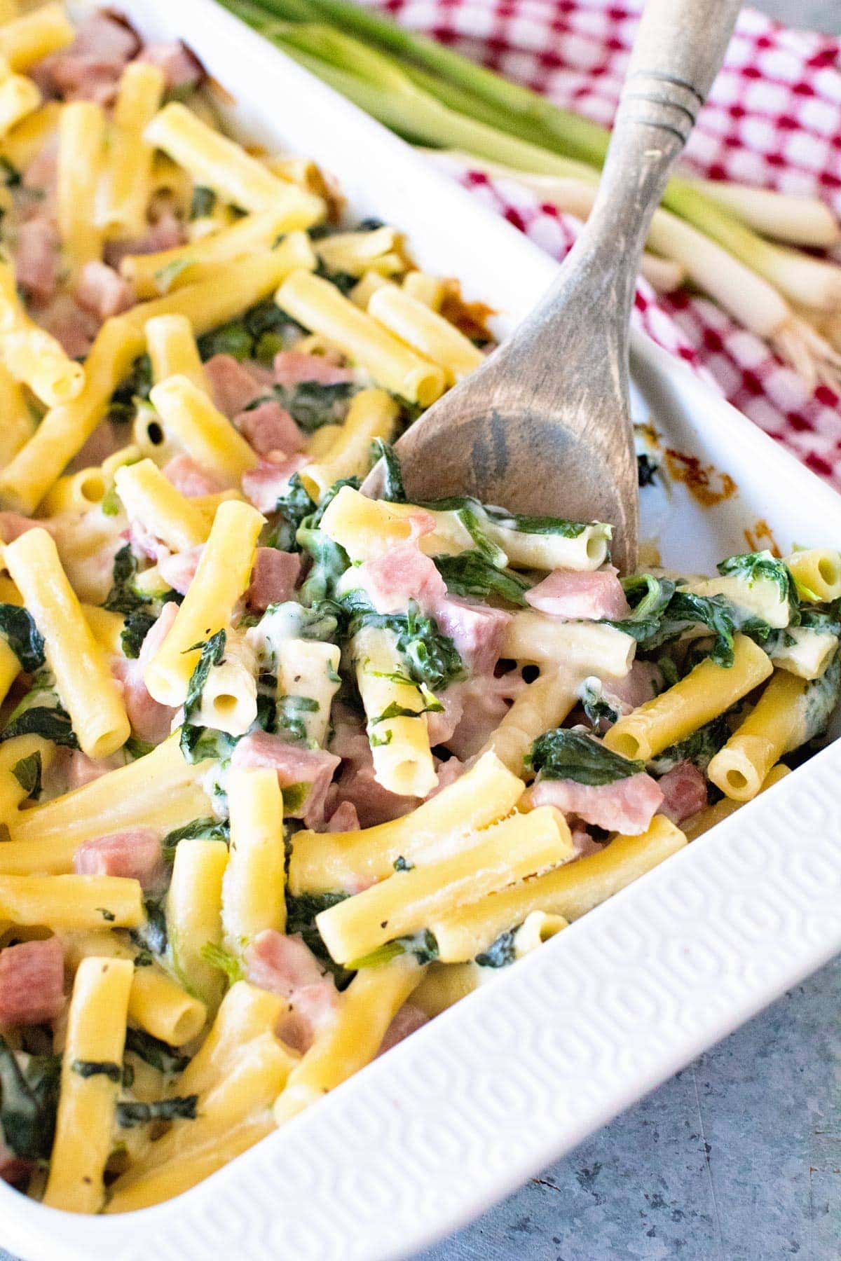 ham and spinach casserole in baking dish