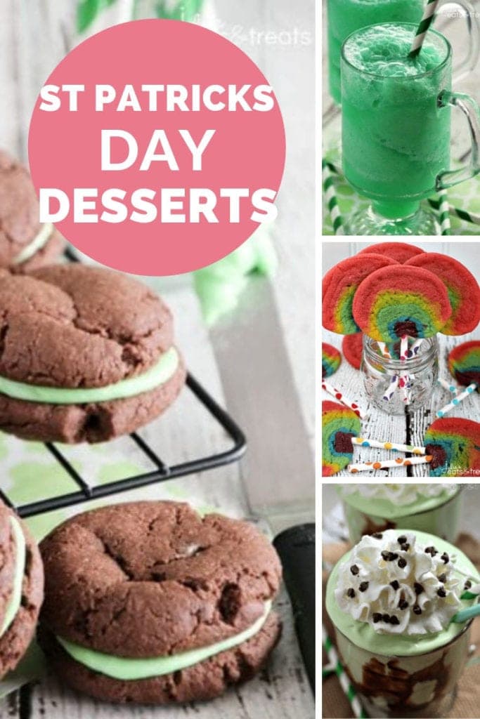 Collage with images of cookies and frozen drinks with a pink circle in the top left corner that has white text reading st patricks day desserts