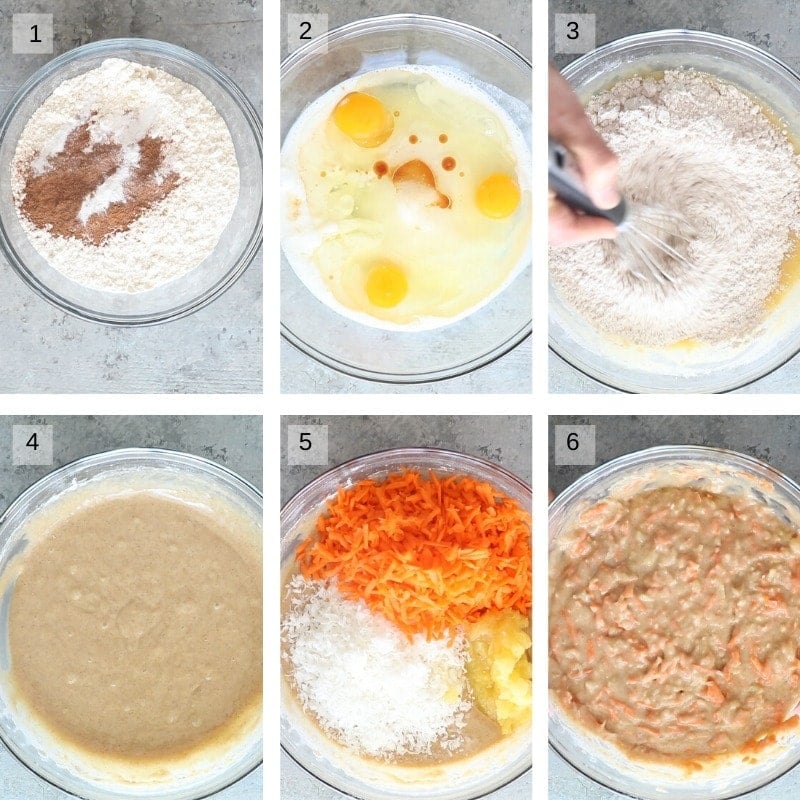 Six Images showing how to mix batter for arrot poke cake