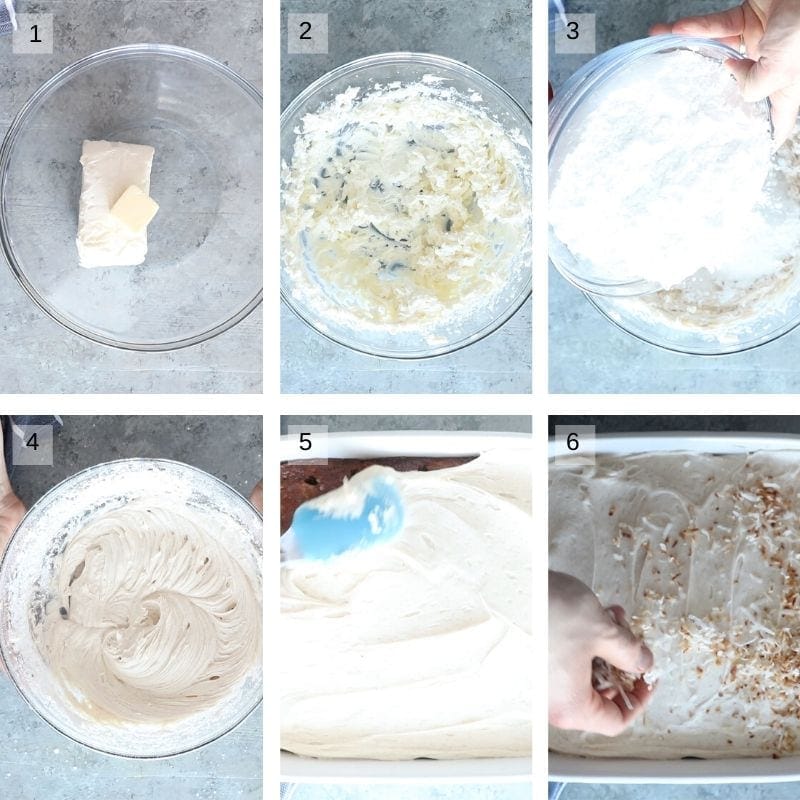 Collage showing how to make cream cheese frosting for carrot cake