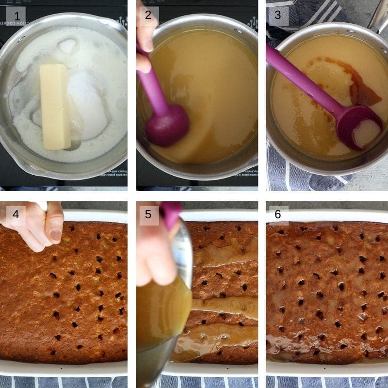Image of six pictures showing how to make glaze for carrot poke cake