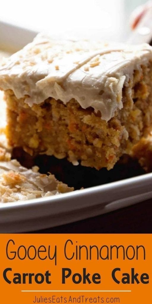 Gooey cinnamon carrot poke cake slice being lifted out of pan on a spatula