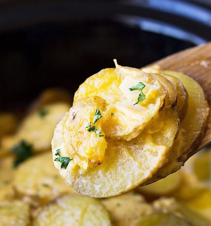 A spoonful of Crock Pot Potato Au Gratin over a crock pot