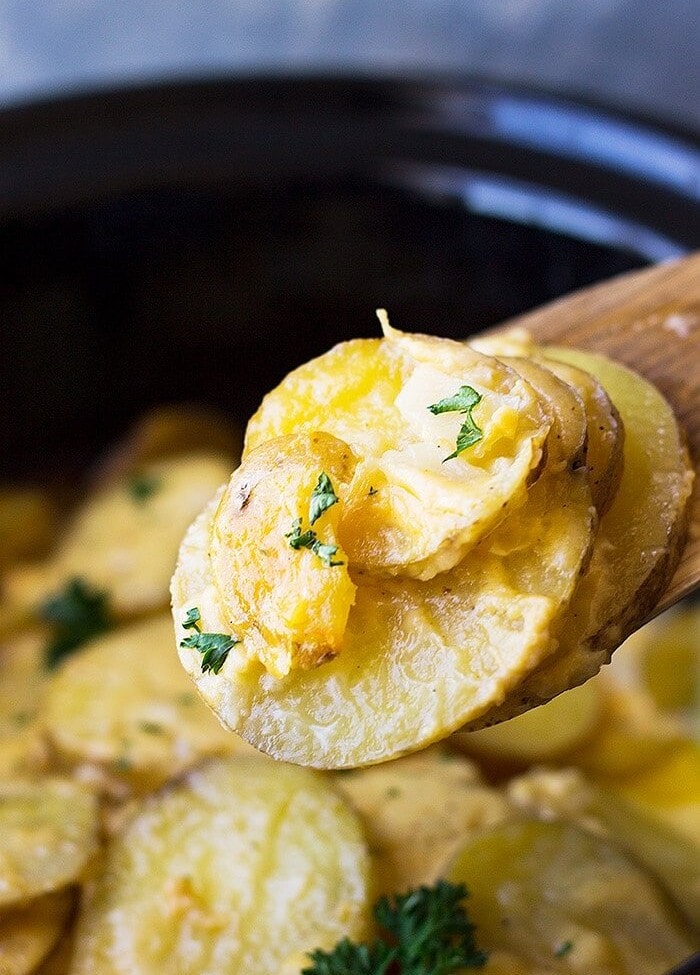 A spoonful of Crock Pot Potato Au Gratin over a crock pot