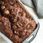 A double chocolate banana bread in a metal loaf pan