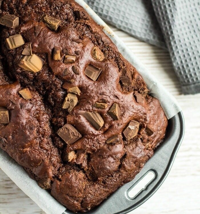 A double chocolate banana bread in a metal loaf pan