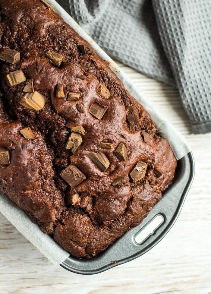A double chocolate banana bread in a metal loaf pan