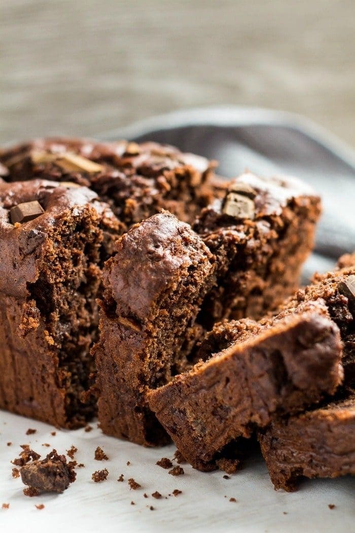 Close up of slices of chocolate banana bread on light background