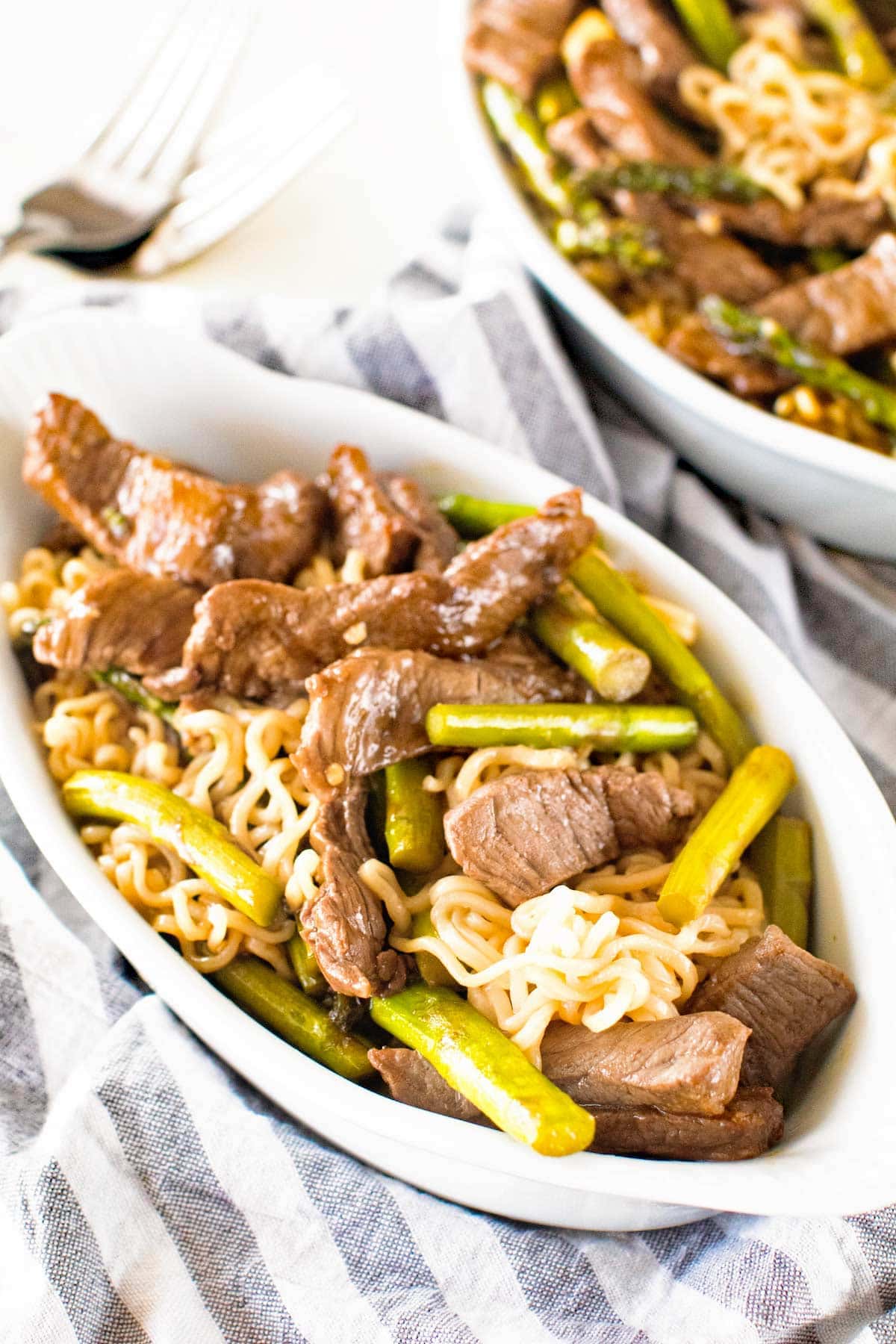 Beef Lo Mein in white bowl