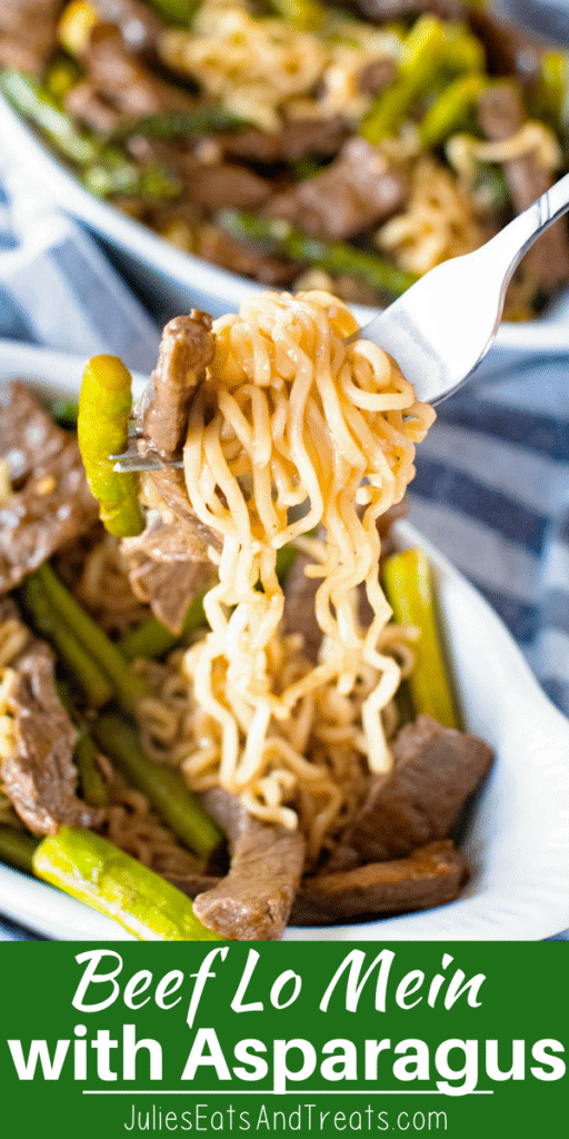 Beef Lo Mein with asparagus on a fork