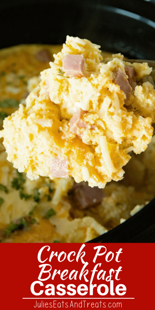 Spoon with a scoop of crock pot breakfast casserole