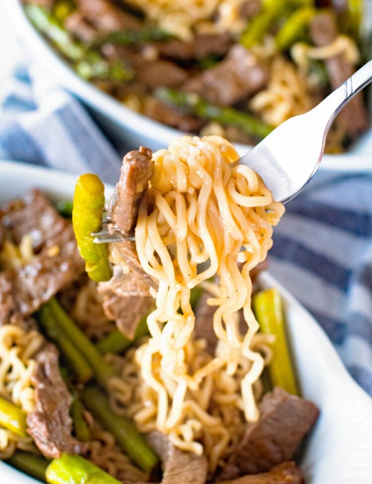 Bite of Ramen Beef Lo Mein on a fork