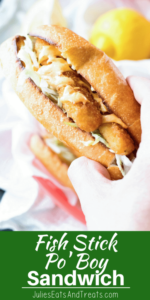 Fish Stick Po' Boy Sandwich in hand