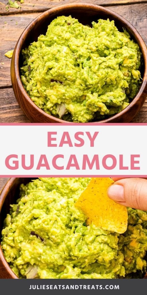 Pin Collage for Guacamole. Top image of a wood bowl of guacamole, bottom image of a hand holding a tortilla chip dipping it into guacamole.